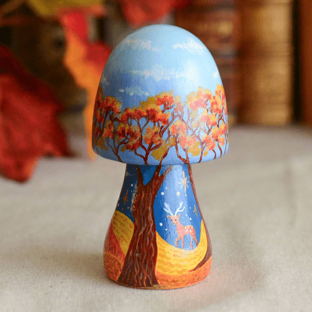 "A Golden World" Hand-Painted Wooden Mushroom