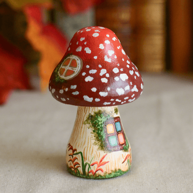 "Amanita House" Hand-Painted Wooden Mushroom