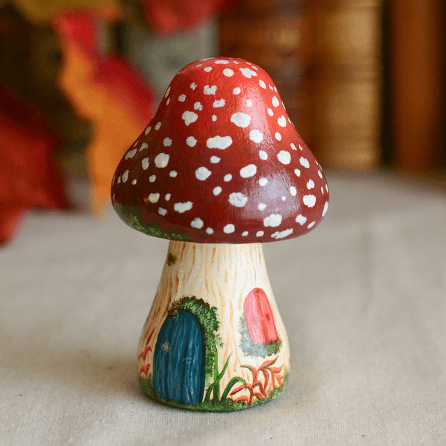 "Amanita House" Hand-Painted Wooden Mushroom