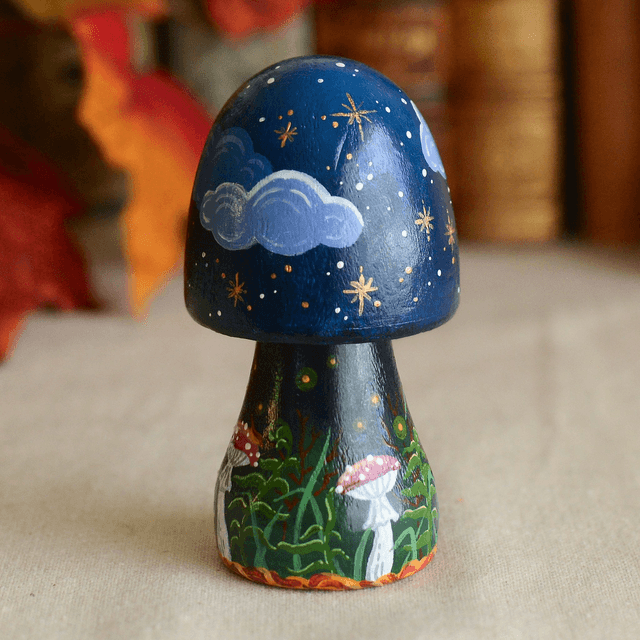 "Night Forest" Hand-Painted Wooden Mushroom