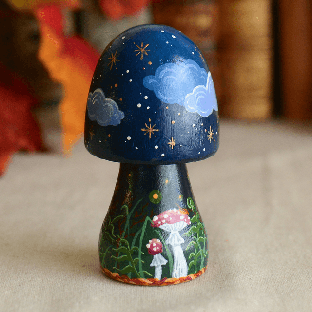 "Night Forest" Hand-Painted Wooden Mushroom