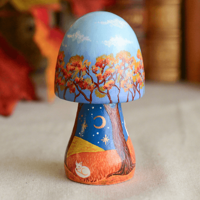 "A Golden World" Hand-Painted Wooden Mushroom