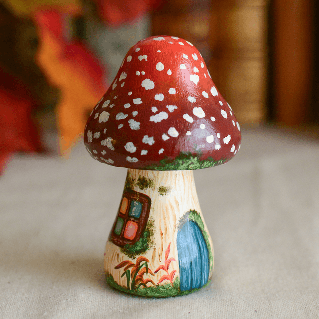 "Amanita House" Hand-Painted Wooden Mushroom