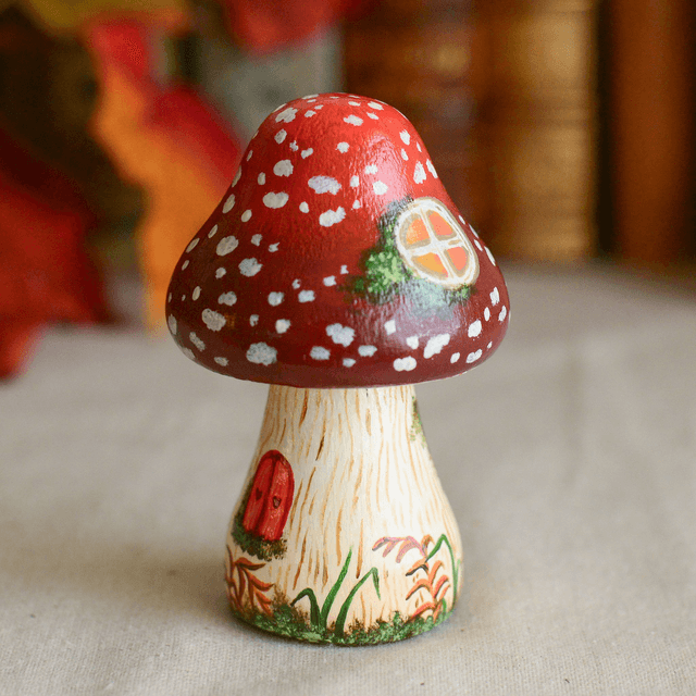 "Amanita House" Hand-Painted Wooden Mushroom