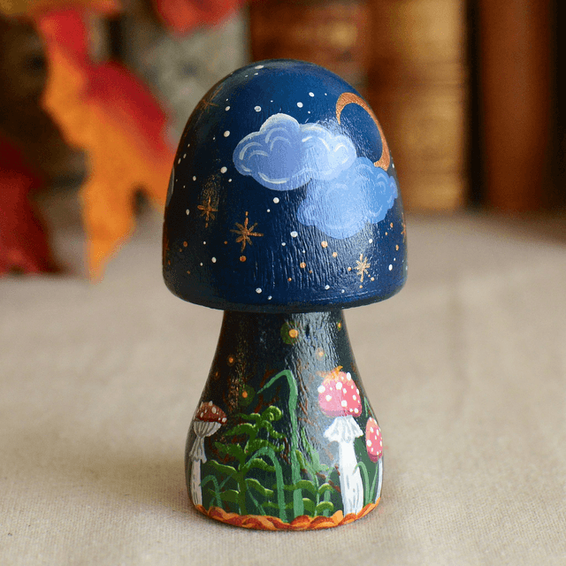 "Night Forest" Hand-Painted Wooden Mushroom