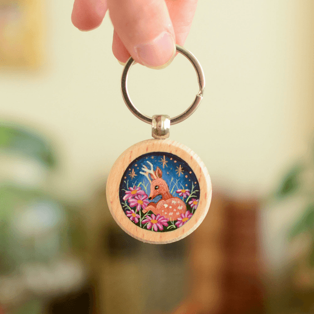 "A Dreaming Deer" Hand-Painted Wooden Keychain