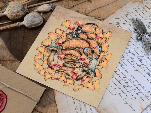 "Oyster Mushrooms & Butterflies" postcard 