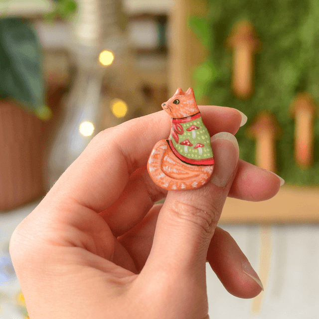 Familiar Collection "A Ginger Cat in Mushroom Cape" clay pin
