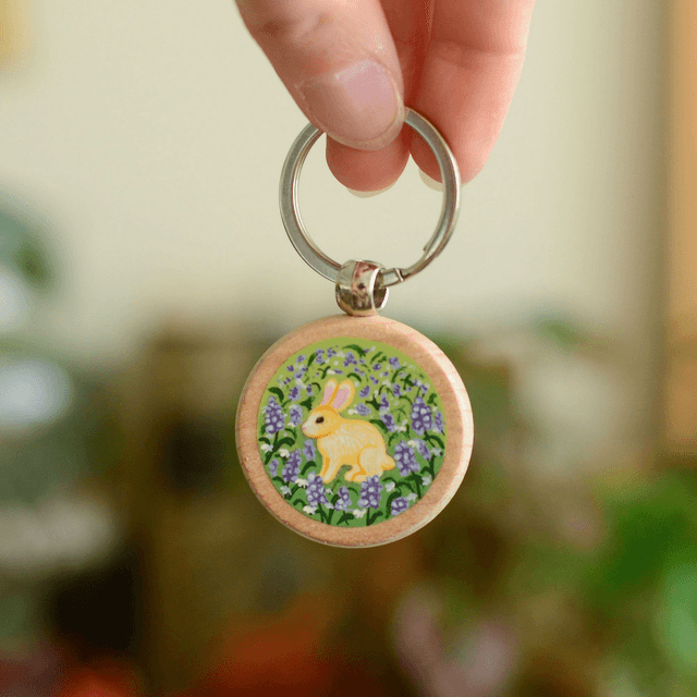 "A White Rabbit" Hand-Painted Wooden Keychain
