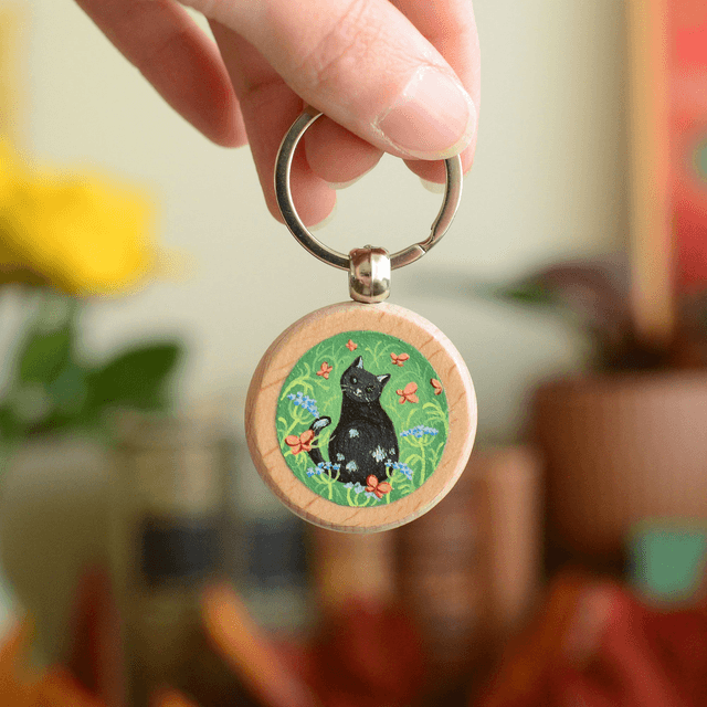 "A Black Cat" Hand-Painted Wooden Keychain