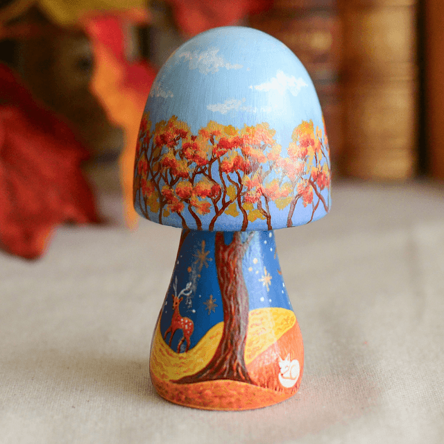 "A Golden World" Hand-Painted Wooden Mushroom
