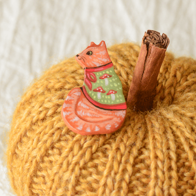 Familiar Collection "A Ginger Cat in Mushroom Cape" clay pin