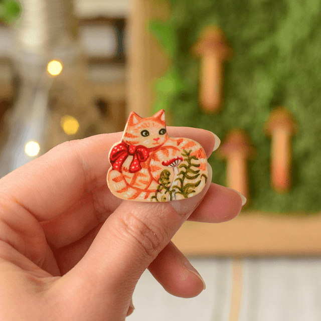 Familiar Collection "A Ginger Cat with Amanita" clay pin