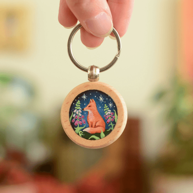 "A Fox Night" Hand-Painted Wooden Keychain