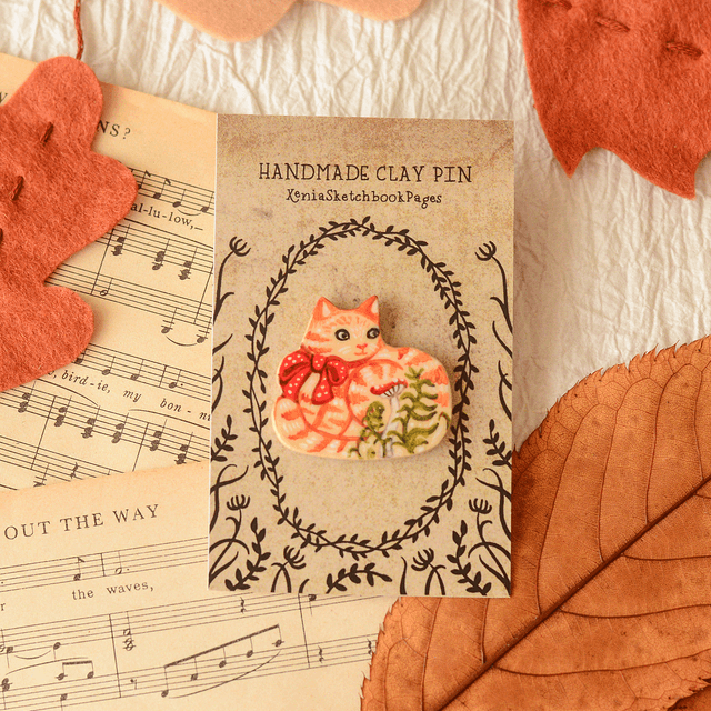 Familiar Collection "A Ginger Cat with Amanita" clay pin