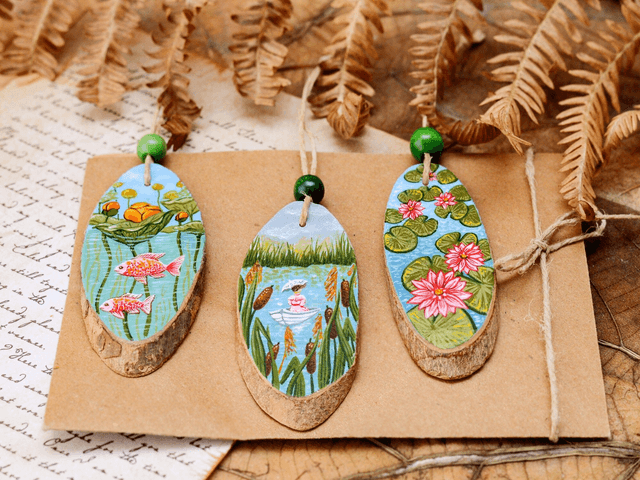 "Lake Trio"  wood slice painting set