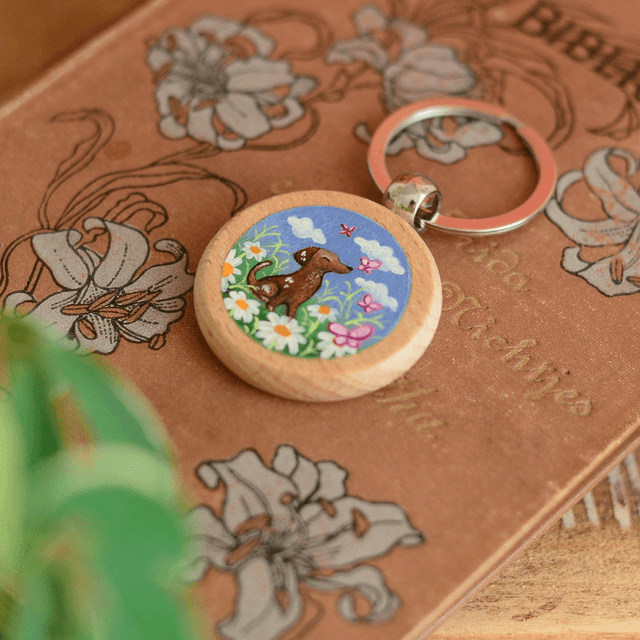 &quot;A Doggo in the Clouds&quot; Hand-Painted Wooden Keychain