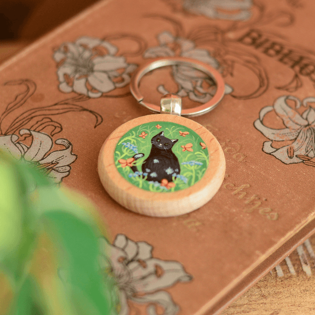 &quot;A Black Cat&quot; Hand-Painted Wooden Keychain
